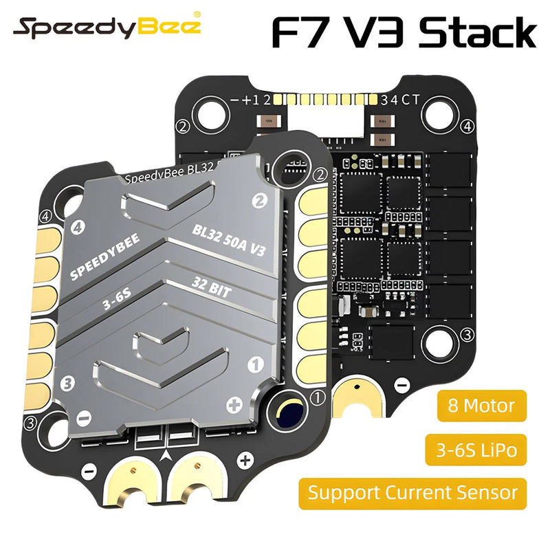 SpeedyBee F7 V3 flight stack controller PCB with 8 motor outputs, 3-6S LiPo connectors
