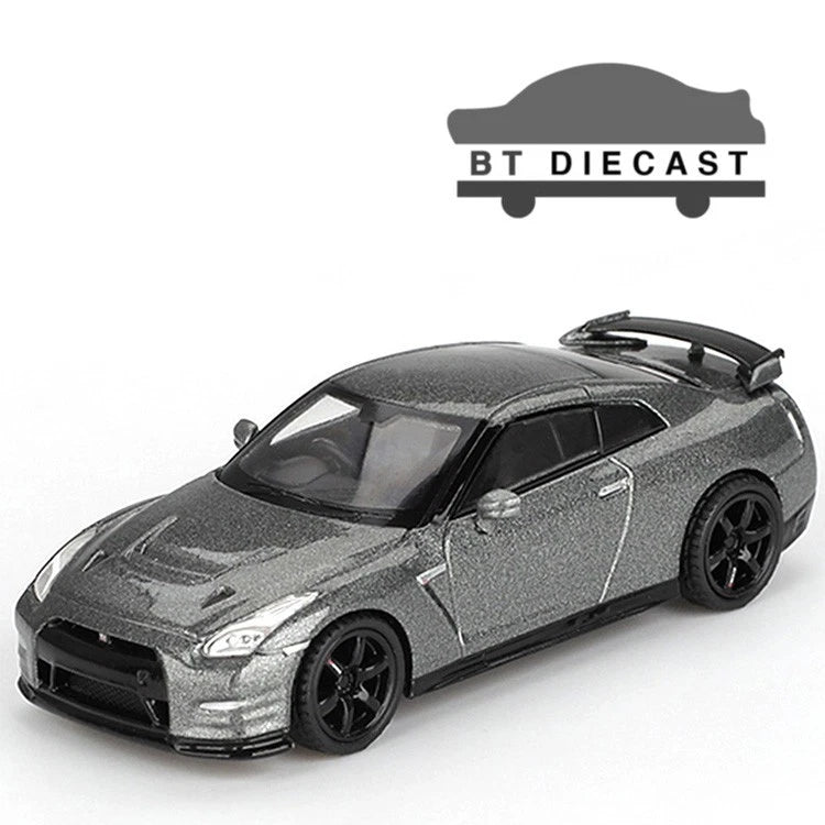 MINI GT 1/64 die-cast sports car model in dark metal gray with black wheels