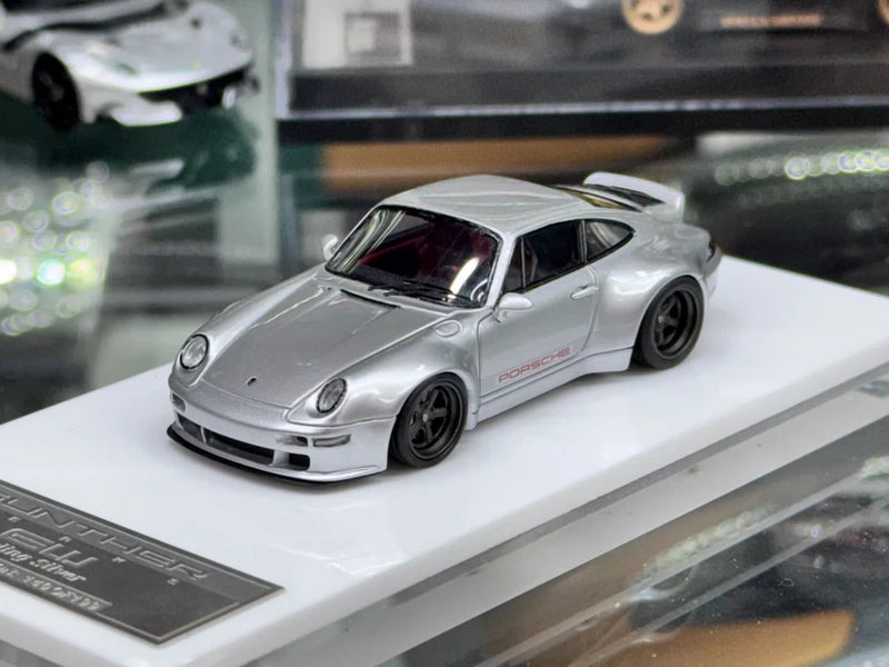 1:64 Porsche 911 resin model car ornament, silver gray with black wheels on white base