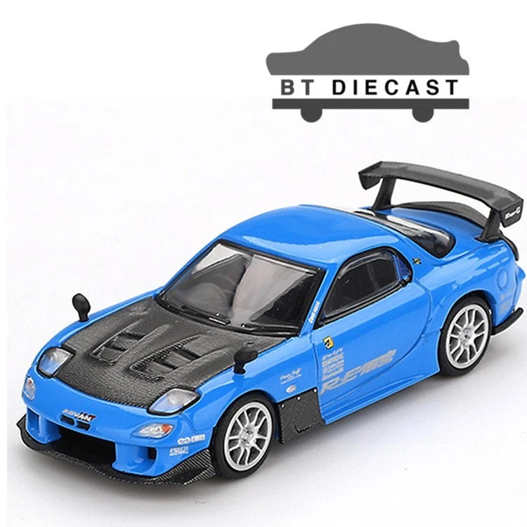 MINI GT Mazda RX-7 die-cast model, blue sports car with rear spoiler and hood vents