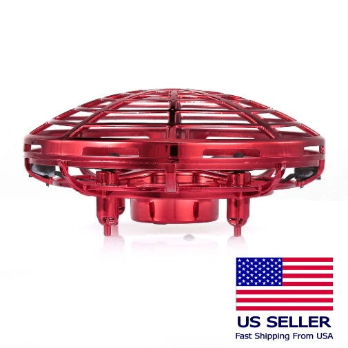 Mini red UFO quadcopter drone toy with four rotors and transparent body
