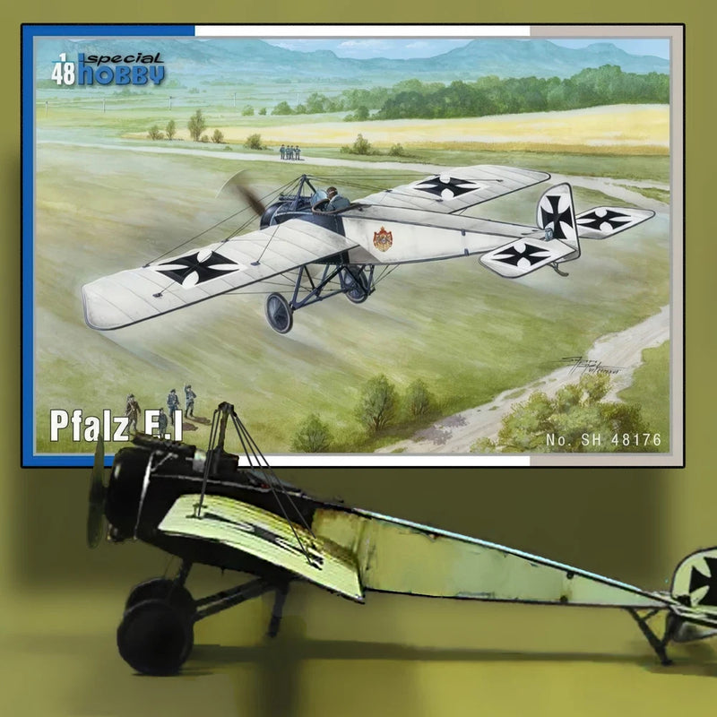 1/48 scale biplane model kit box art, white aircraft with black crosses and propeller