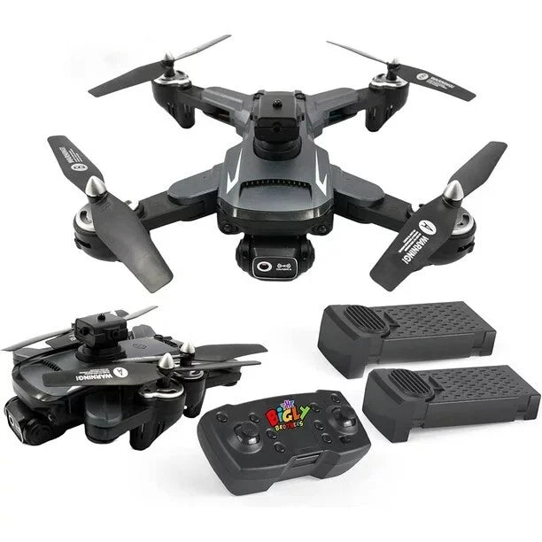 Quadcopter drone with 4 propellers and camera gimbal; includes controller and two batteries