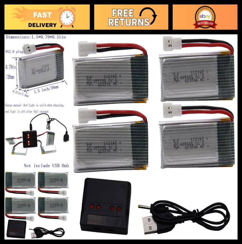 4 Pack 3.7V 500mAh Lipo Battery & Storage Box for Q9S Syma X5C RC Drone Battery