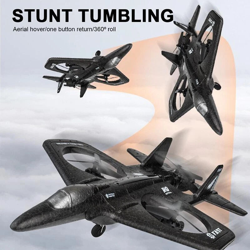 Black RC airplane-style remote control drone with four propellers, dual aircraft view