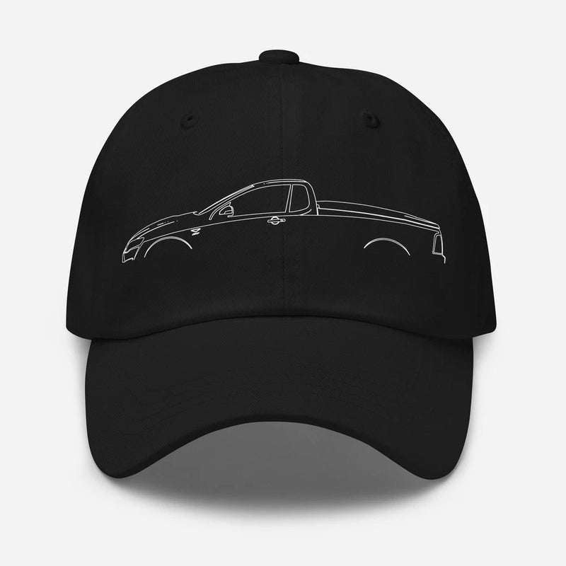 Black dad hat with embroidered car line-art graphic on front