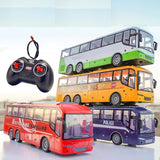 RC tour bus toy set with 4 color buses and a black remote controller