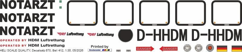 RC helicopter decal sheet with NOTARZT and D-HHDM labels