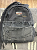 Dark gray camera bag with front mesh pocket, zip top, logo patch