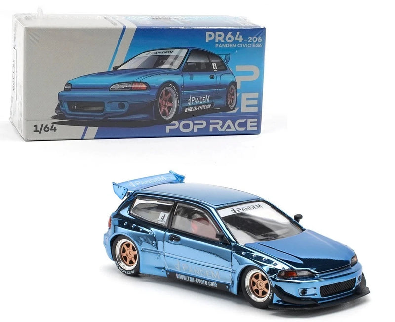 Pop Race 1:64 Honda Civic EG6 Pandem v1.5 Blue Chrome Diecast Model Car PR640206