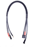 Lipo battery lead harness: braided cable with XT90 and 4mm bullet connectors.