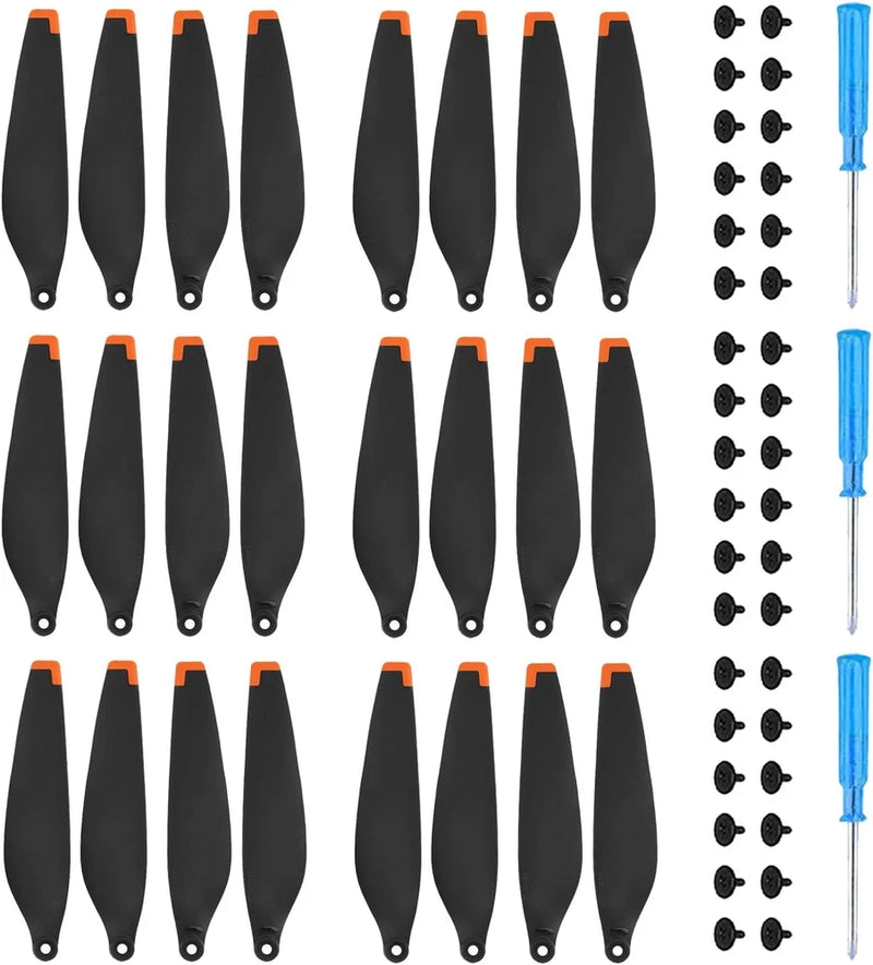 Set of 24 mini drone propellers, black blades with orange tips and spare hardware