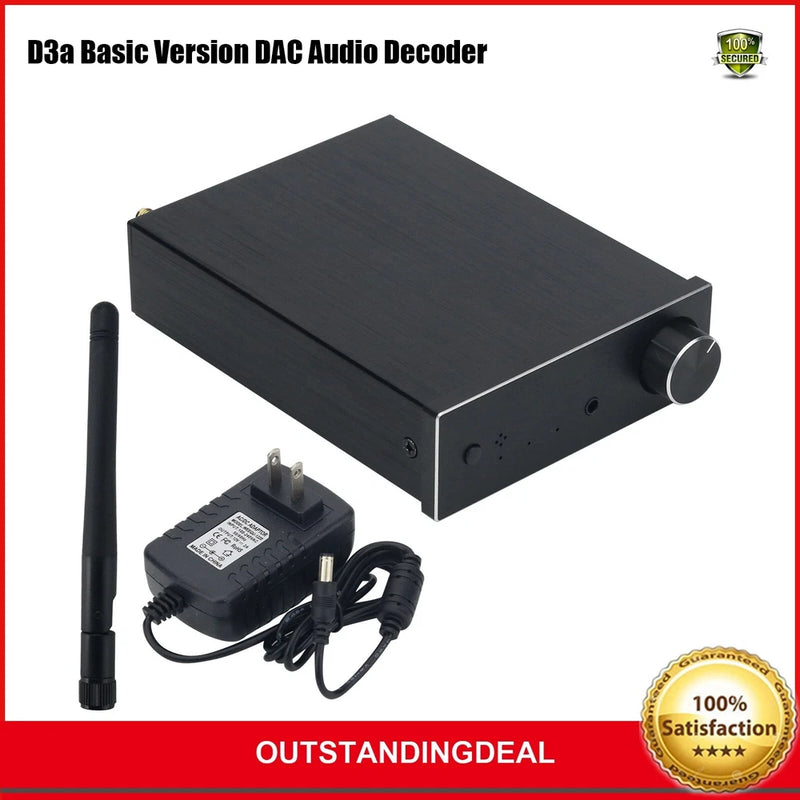 Black audio DAC decoder box with antenna, power adapter, and connected cables