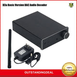 Black audio DAC decoder box with antenna, power adapter, and connected cables