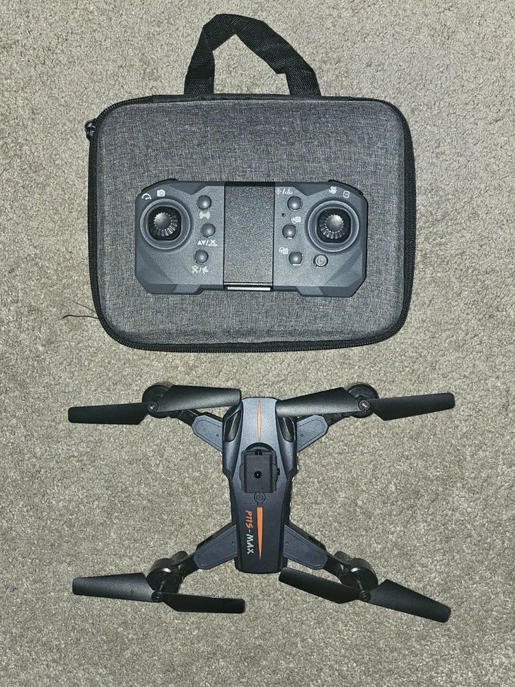 Foldable drone with controller and carrying case; gray case with controller and quadcopter drone