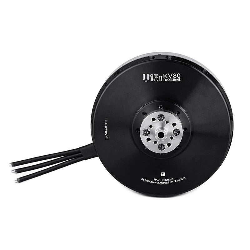 Black drone motor with circular housing, center mounting plate, and two cable leads