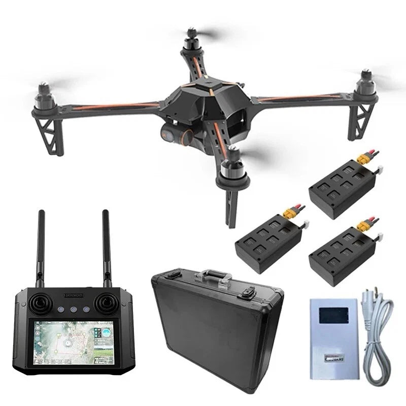 Quadcopter drone kit with controller, charging case, battery packs, and cables