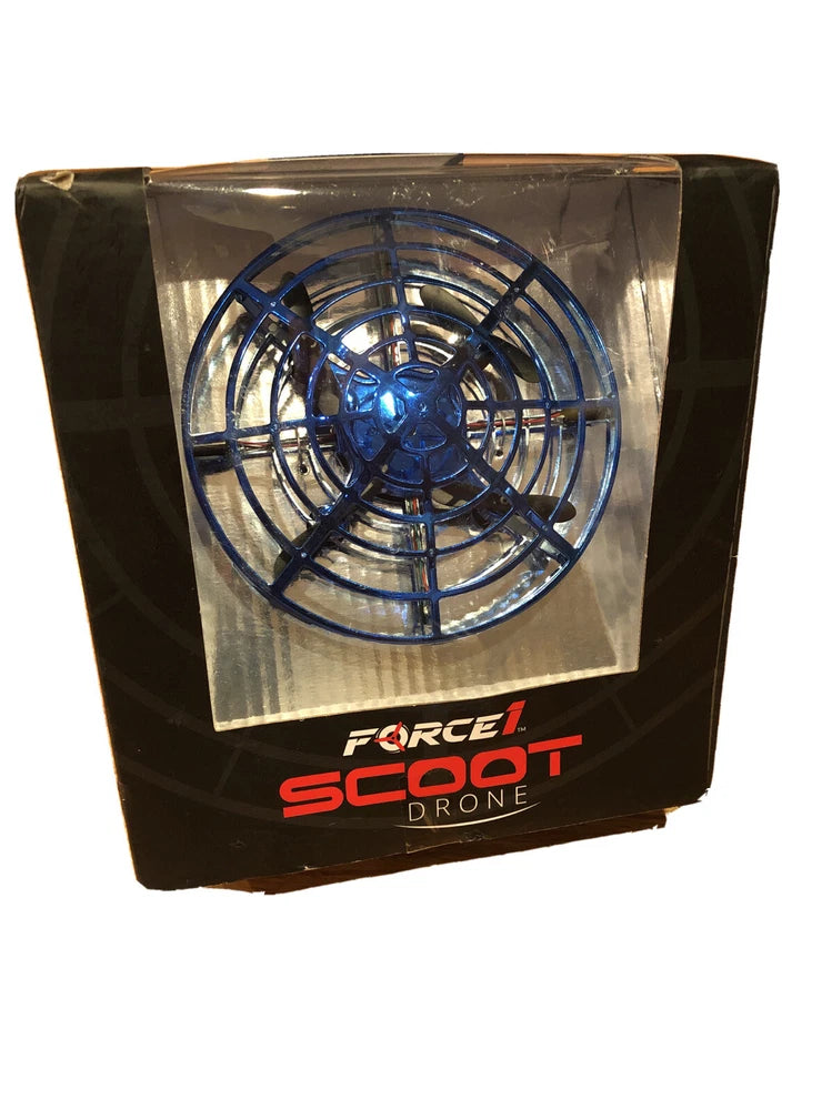 Force1 Scoot drone in retail box with blue circular hand-operated rotor