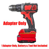 Cordless drill with battery pack and adapter module, red and black design