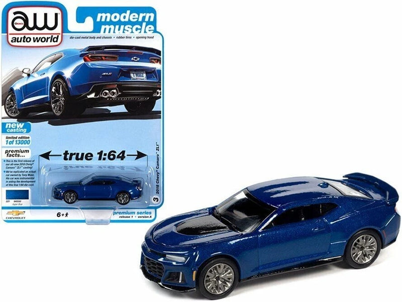 AUTO WORLD 2018 BLUE CHEVROLET CAMARO ZL1 DIECAST MODEL 64302-AWSP059-A DIECAST