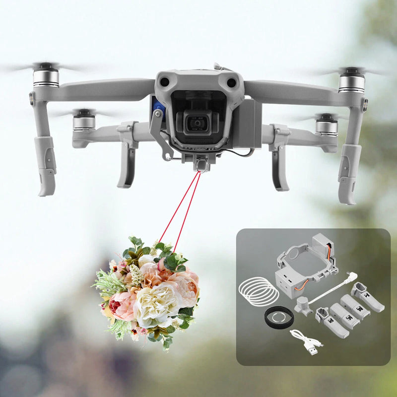 DJI Mavic Air 2 air-drop thrower on drone with bouquet