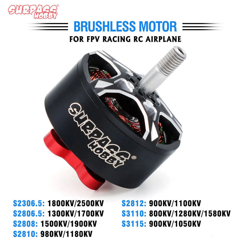 Brushless RC airplane motor with black housing, red base ring, and silver prop shaft