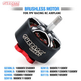 Brushless RC airplane motor with black housing, red base ring, and silver prop shaft