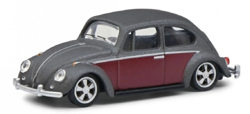 Gray and burgundy die-cast VW Beetle lowrider model car, side view with chrome details