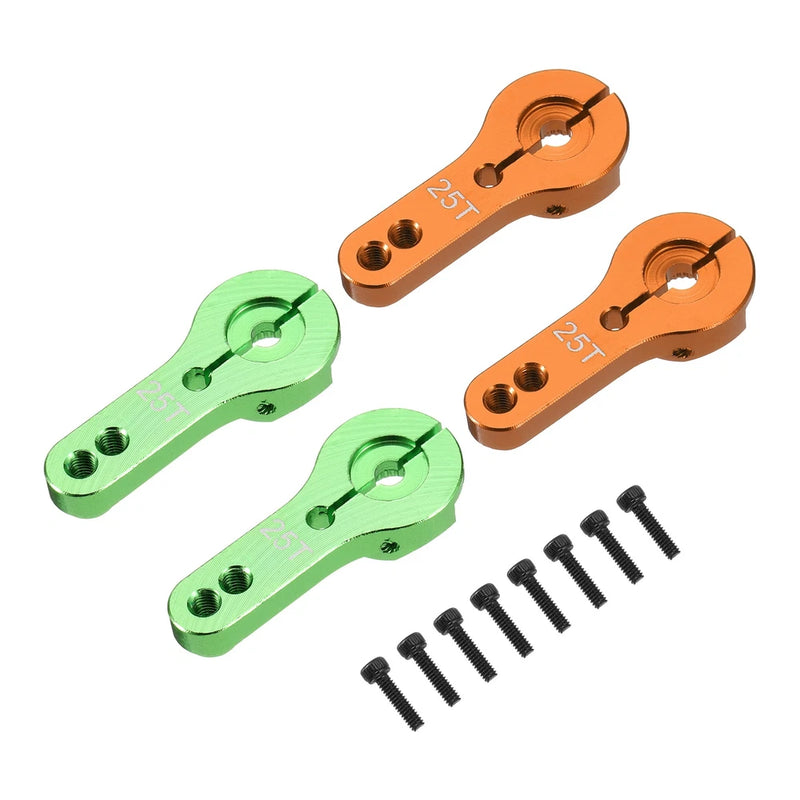 Four aluminum 25T steering servo arm horns, orange and green, with mounting screws
