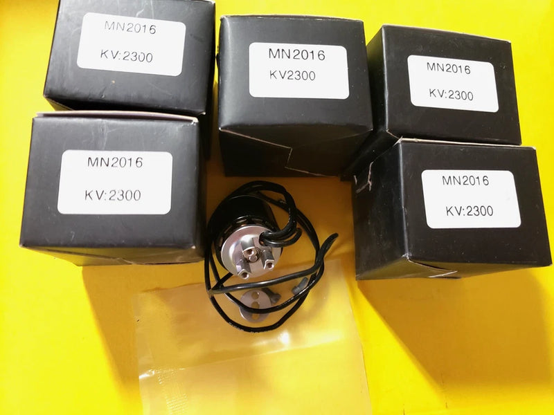 Lot of 5 MN2016 KV2300 brushless DC motors in labeled boxes with exposed wiring