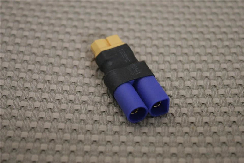 XT60 female to EC5 male connector adapter, black housing with blue plug ends