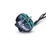 iFlight XING2 1404 FPV motor, teal and black with cooling fins and wires