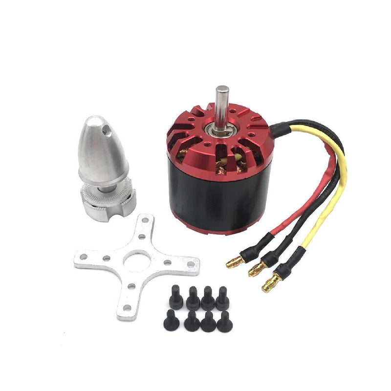 RC drone brushless motor kit with red/black motor, mounting plate, screws, and wire leads