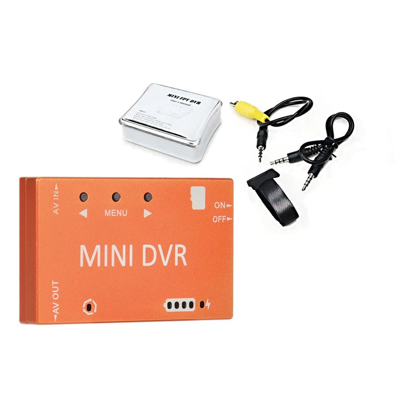 Orange mini DVR video recorder module with metal shell, buttons, and AV output ports