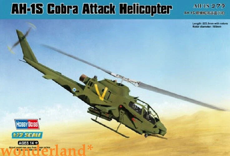 Green AH-1S Cobra attack helicopter model kit with rotor details, box art