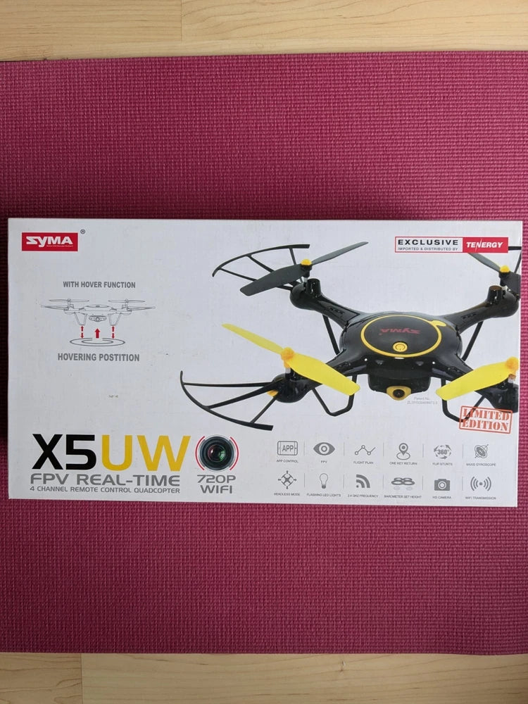 Syma X5UW FPV quadcopter drone box, black frame with yellow propellers