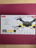 Syma X5UW FPV quadcopter drone box, black frame with yellow propellers