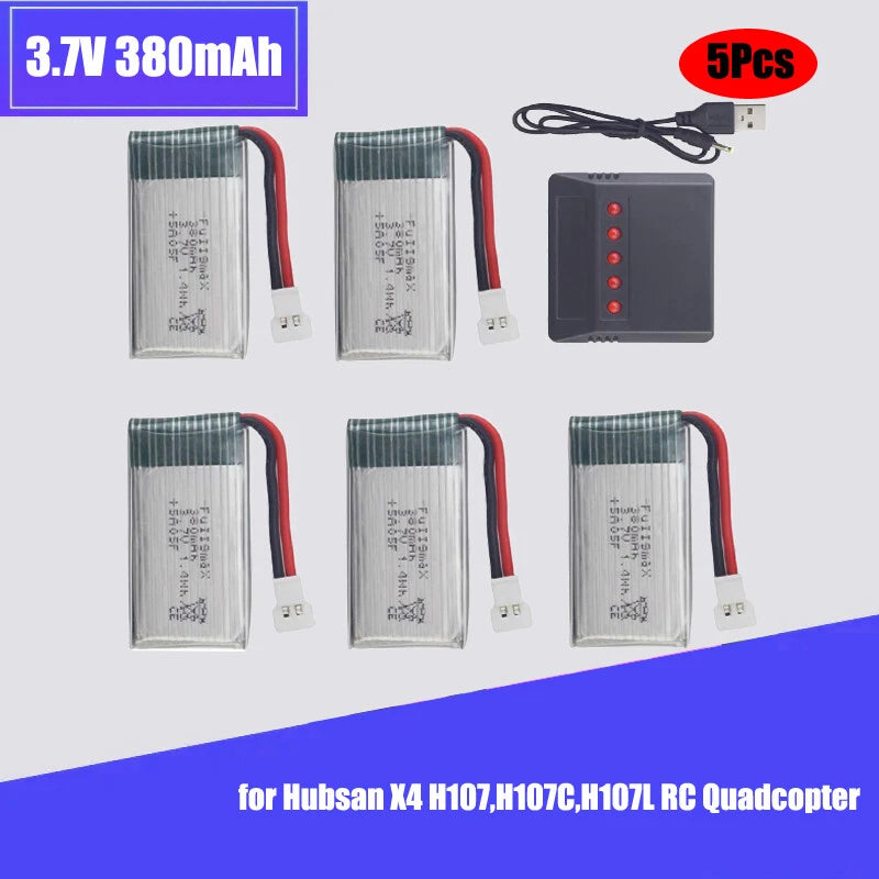 5PCS 3.7V 380mAh 20C Li-ion Battery with 5 in 1 Charger for Hubsan X4 H107 H107C Battery