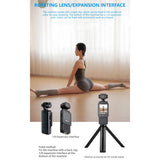 Portable action camera with 1.6-inch screen, mounted on tripod with expansion interface.