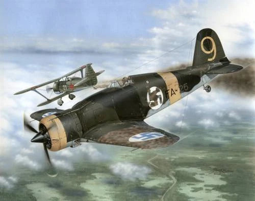 1/32 scale WWII fighter aircraft model with dark camouflage and propeller