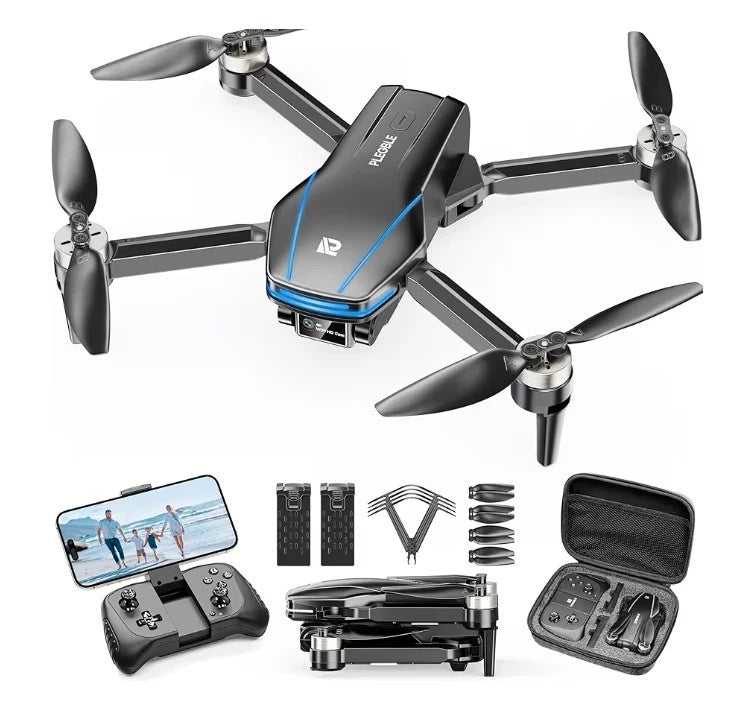 Foldable black quadcopter drone with camera and controller, four rotating propellers