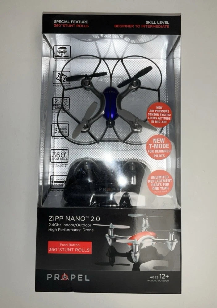Packaged remote control drone with four propellers, Propel ZIPP NANO 2.0, indoor/outdoor