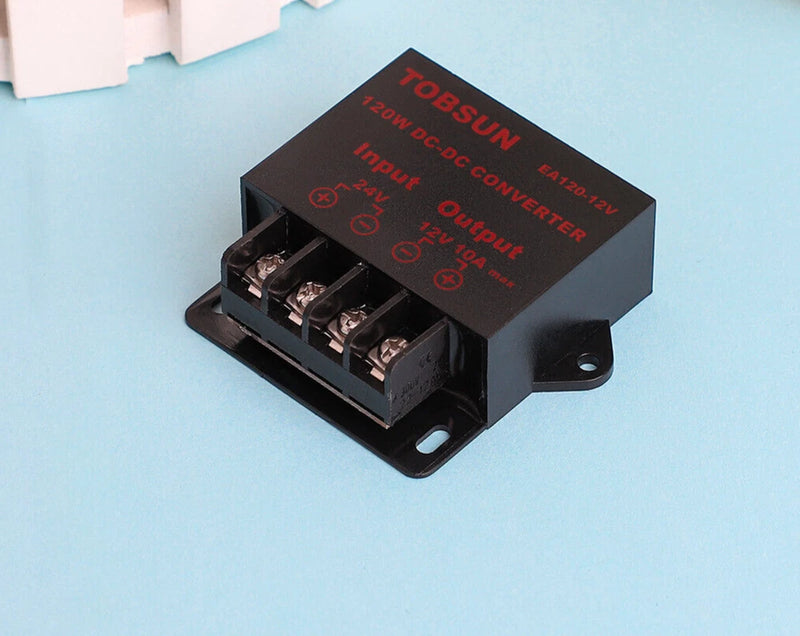 Black DC-DC buck converter module with screw terminal blocks and mounting bracket