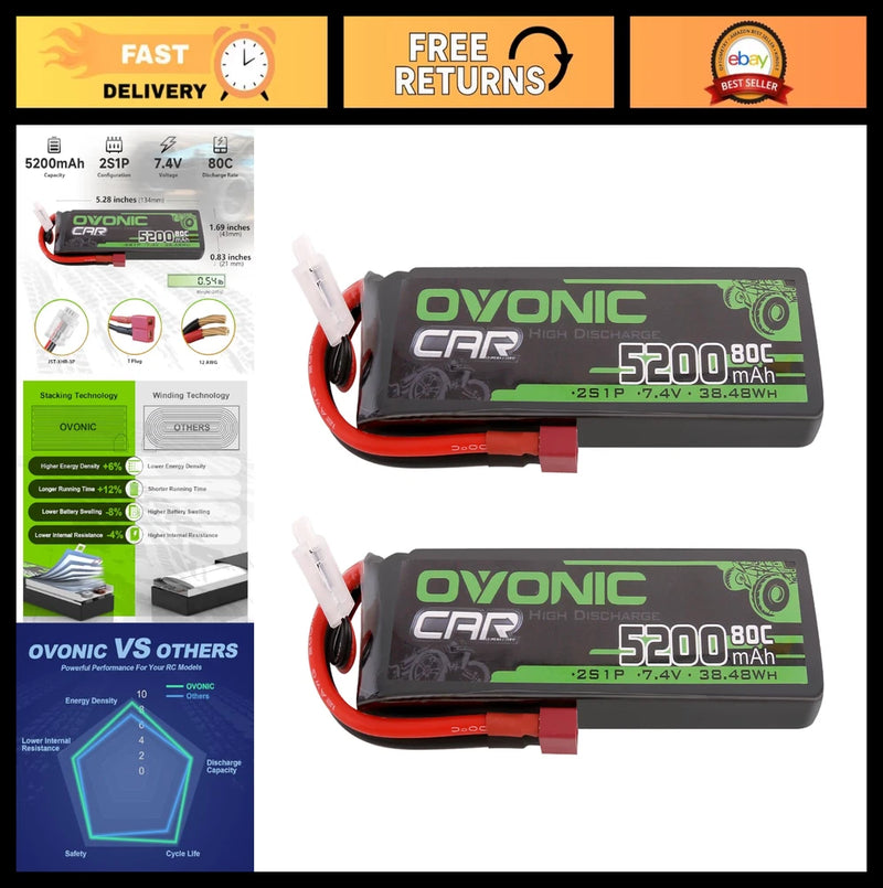 7.4V 2S Lipo Battery 5200mAh 80C Soft Case for RC Cars, Drones, UAVs - 2 Pack Battery