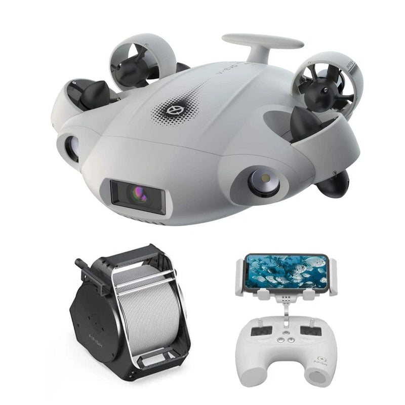 Underwater drone with gray body, propellers, and handheld controller