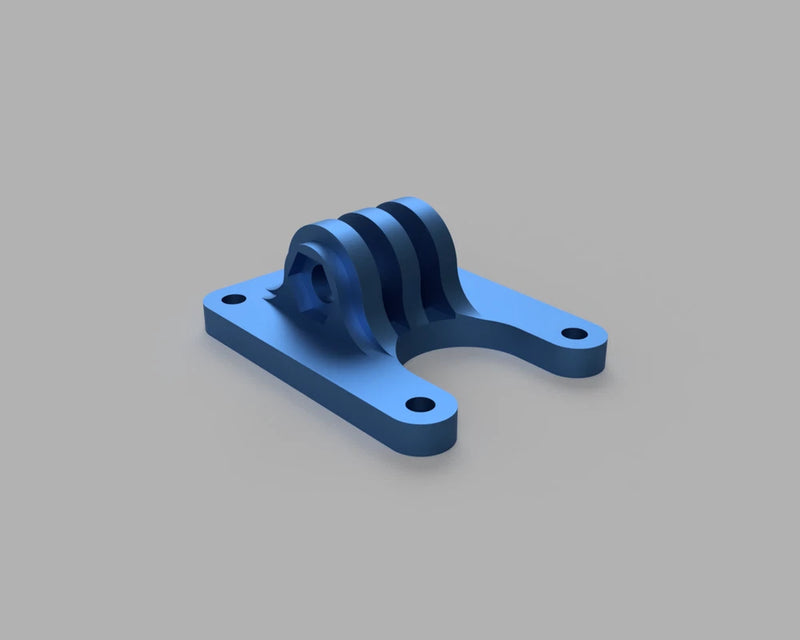 Blue 3D printed GoPro mount bracket with curved cradle and four screw holes