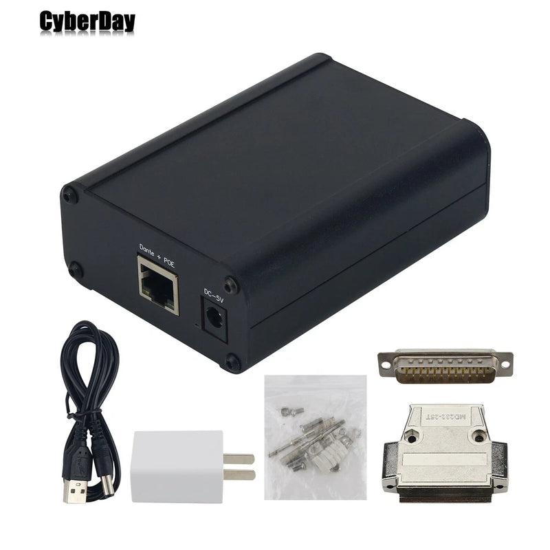 Black Dante audio interface box with Ethernet and power ports, plus cable and connectors