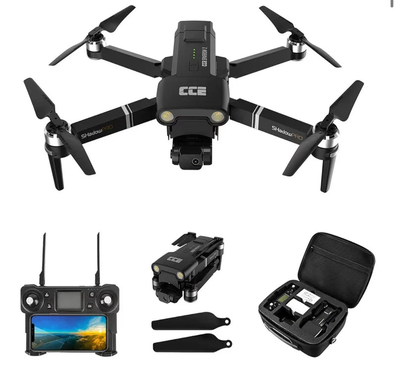 Foldable black quadcopter drone with camera, controller, and carrying case
