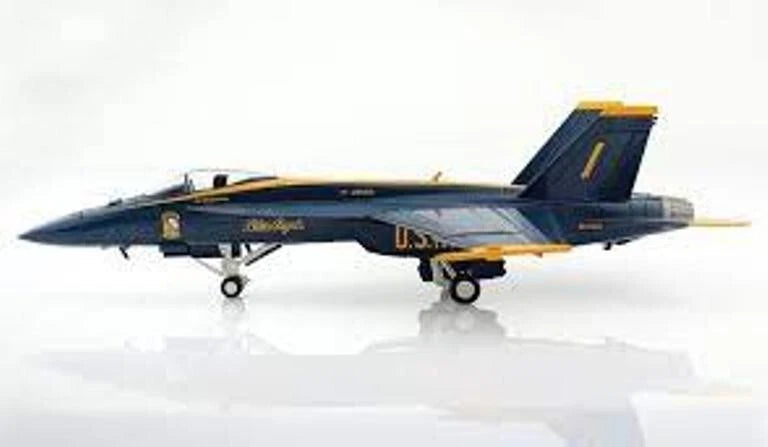 Blue and gray fighter jet model with landing gear and tail markings