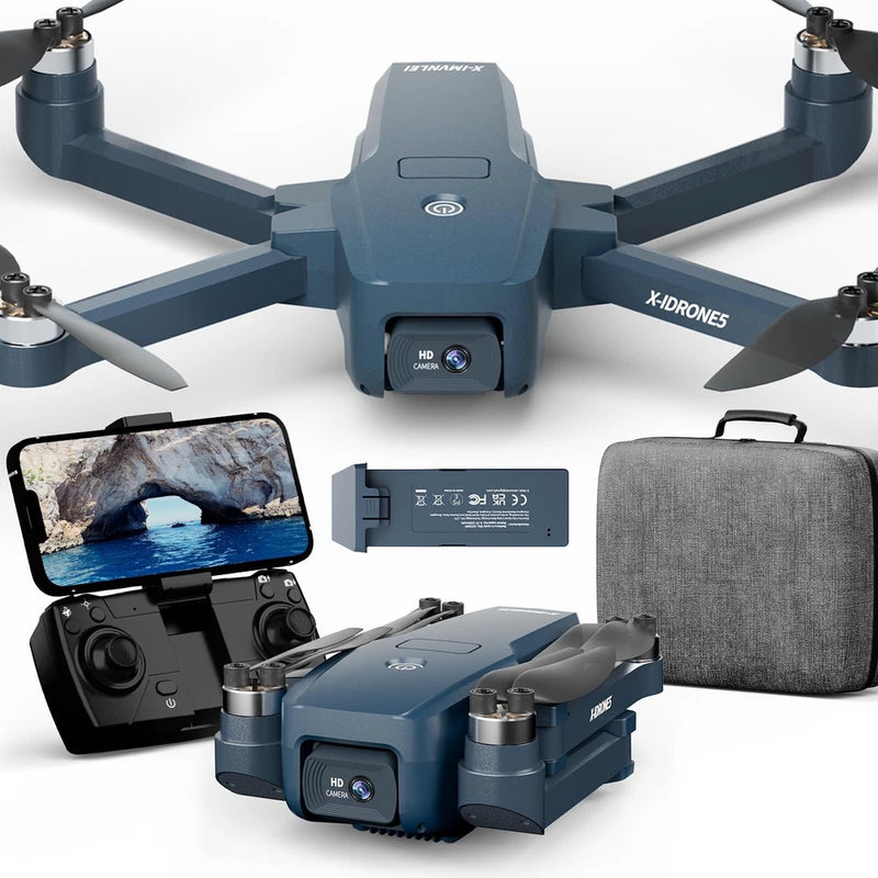 Gray quadcopter drone with 4K camera, FPV screen, and carrying case.